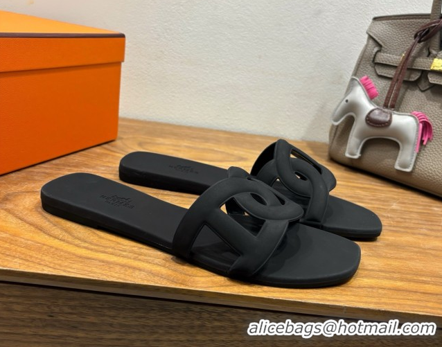 Top Design Hermes Chaine d'Ancre Rubber Flat Thong Slides Sandal Black 0708029