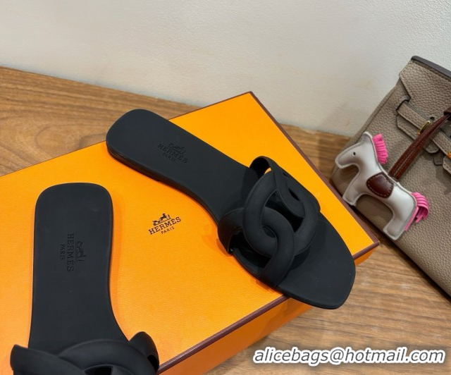 Top Design Hermes Chaine d'Ancre Rubber Flat Thong Slides Sandal Black 0708029