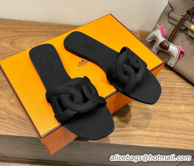 Top Design Hermes Chaine d'Ancre Rubber Flat Thong Slides Sandal Black 0708029