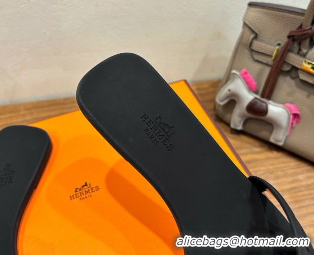 Top Design Hermes Chaine d'Ancre Rubber Flat Thong Slides Sandal Black 0708029