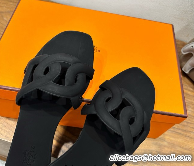 Top Design Hermes Chaine d'Ancre Rubber Flat Thong Slides Sandal Black 0708029