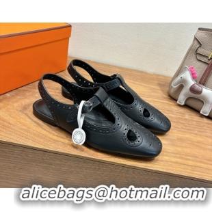 Luxury Hermes Kim Flat Sandals in Openwork Calfskin Black 2025 H251178