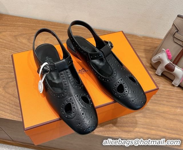 Luxury Hermes Kim Flat Sandals in Openwork Calfskin Black 2025 H251178