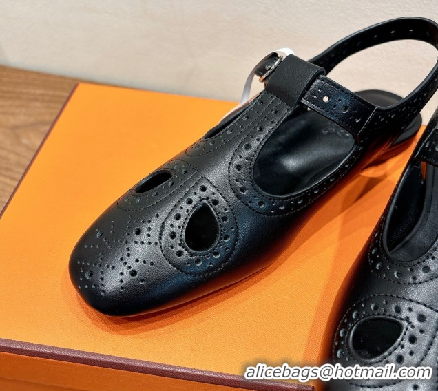 Luxury Hermes Kim Flat Sandals in Openwork Calfskin Black 2025 H251178