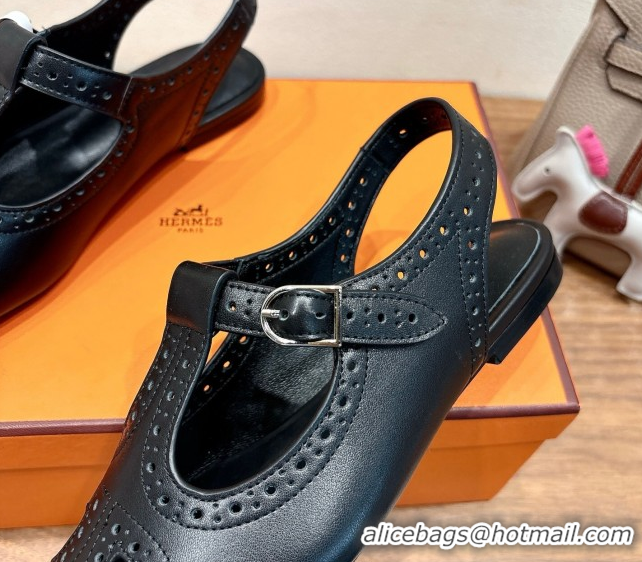 Luxury Hermes Kim Flat Sandals in Openwork Calfskin Black 2025 H251178
