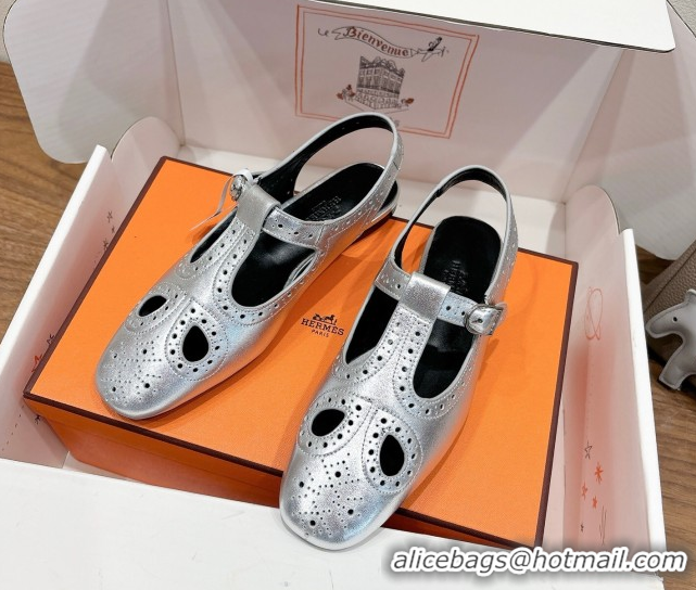 Grade Quality Hermes Kim Flat Sandals in Openwork Calfskin Silver 2025 H251178