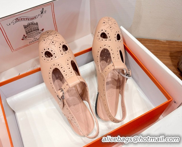 Durable Hermes Kim Flat Sandals in Openwork Calfskin Pale Pink H251178