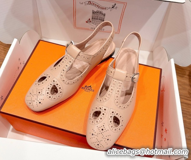 Durable Hermes Kim Flat Sandals in Openwork Calfskin Pale Pink H251178