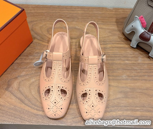 Durable Hermes Kim Flat Sandals in Openwork Calfskin Pale Pink H251178