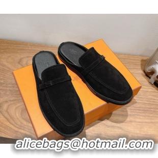 Generous Hermes Likely Flat Mules in Suede with Mini H Buckle Black 2025 H252805
