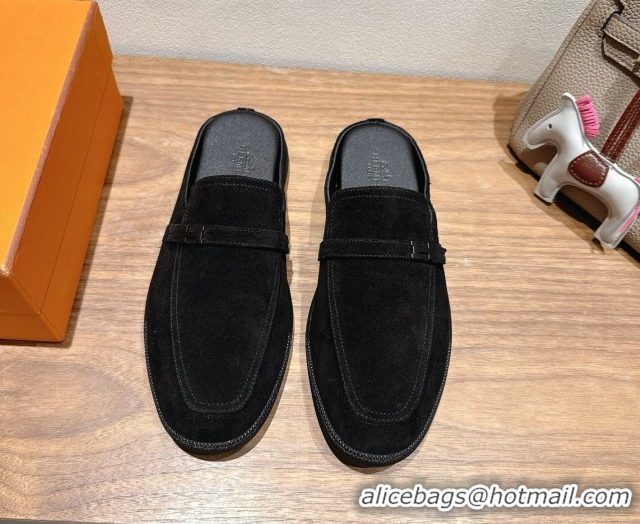 Generous Hermes Likely Flat Mules in Suede with Mini H Buckle Black 2025 H252805