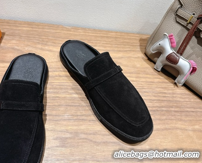 Generous Hermes Likely Flat Mules in Suede with Mini H Buckle Black 2025 H252805