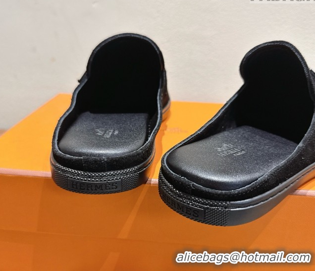 Generous Hermes Likely Flat Mules in Suede with Mini H Buckle Black 2025 H252805