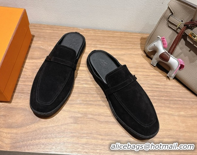 Generous Hermes Likely Flat Mules in Suede with Mini H Buckle Black 2025 H252805