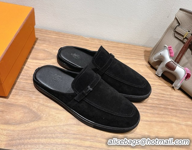 Generous Hermes Likely Flat Mules in Suede with Mini H Buckle Black 2025 H252805