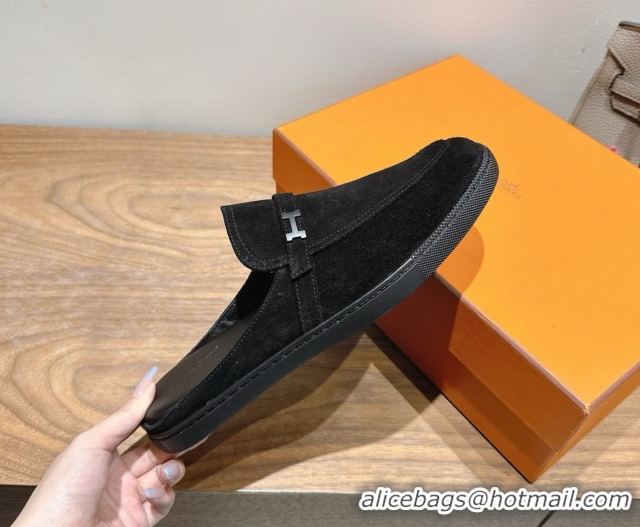 Generous Hermes Likely Flat Mules in Suede with Mini H Buckle Black 2025 H252805