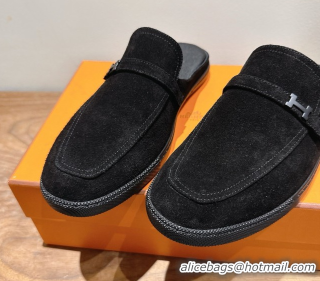 Generous Hermes Likely Flat Mules in Suede with Mini H Buckle Black 2025 H252805