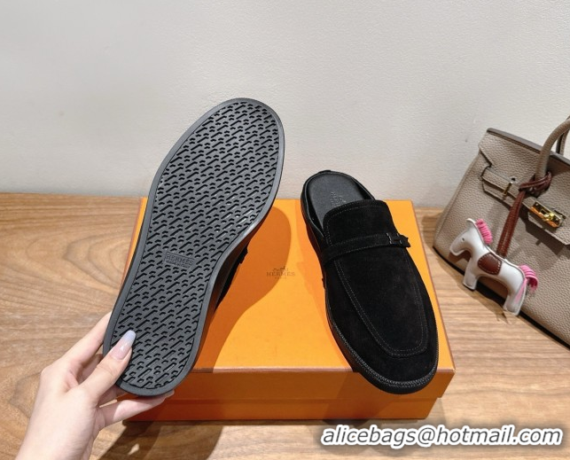Generous Hermes Likely Flat Mules in Suede with Mini H Buckle Black 2025 H252805