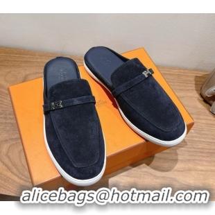 Best Price Hermes Likely Flat Mules in Suede with Mini H Buckle Dark Blue 2025 H252805