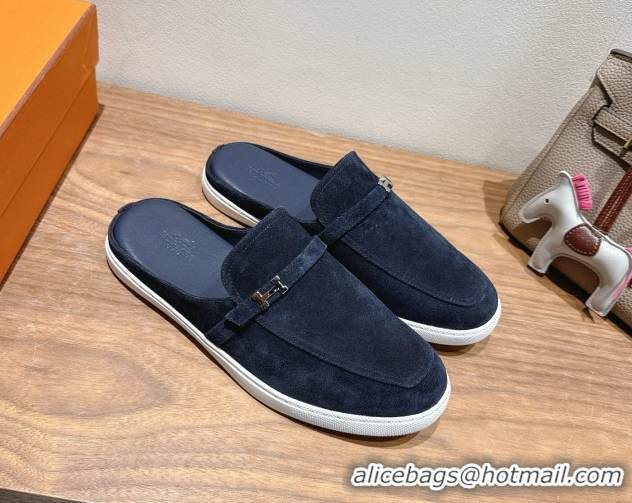 Best Price Hermes Likely Flat Mules in Suede with Mini H Buckle Dark Blue 2025 H252805