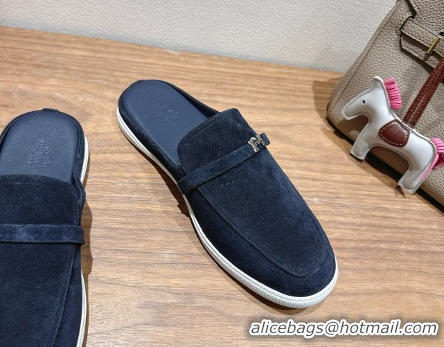 Best Price Hermes Likely Flat Mules in Suede with Mini H Buckle Dark Blue 2025 H252805