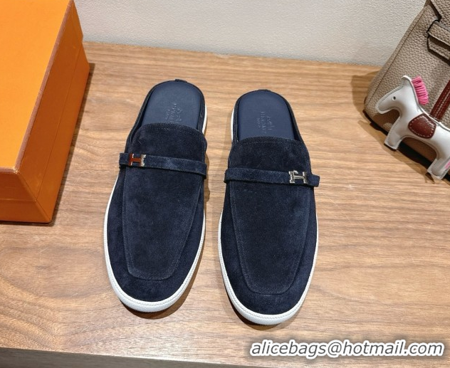 Best Price Hermes Likely Flat Mules in Suede with Mini H Buckle Dark Blue 2025 H252805