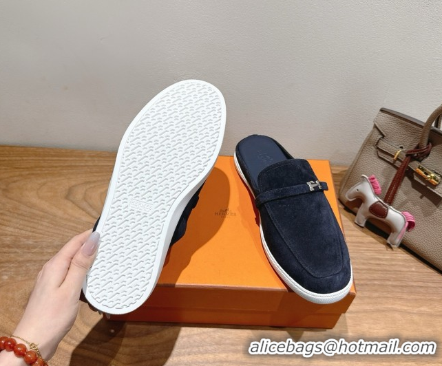 Best Price Hermes Likely Flat Mules in Suede with Mini H Buckle Dark Blue 2025 H252805