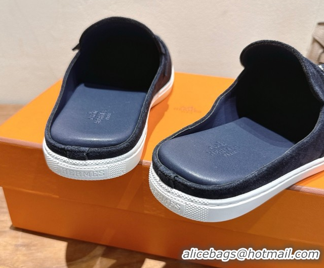 Best Price Hermes Likely Flat Mules in Suede with Mini H Buckle Dark Blue 2025 H252805