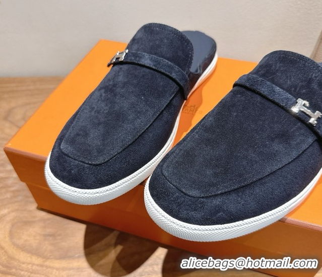 Best Price Hermes Likely Flat Mules in Suede with Mini H Buckle Dark Blue 2025 H252805