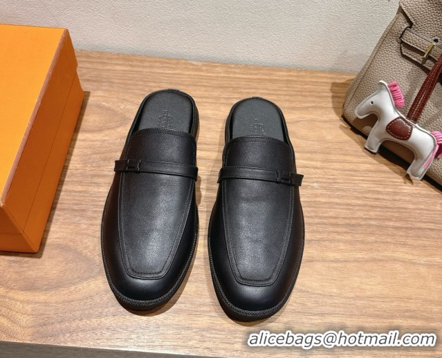 Good Quality Hermes Likely Flat Mules in Grained Calfskin with Mini H Buckle All Black 2025 H252805