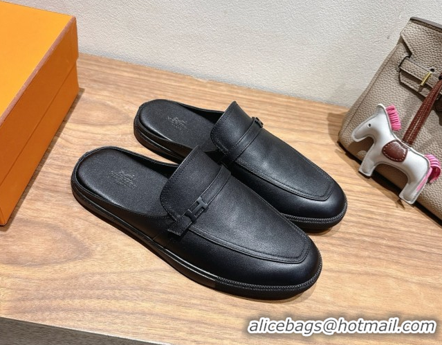 Good Quality Hermes Likely Flat Mules in Grained Calfskin with Mini H Buckle All Black 2025 H252805
