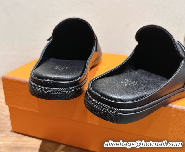 Good Quality Hermes Likely Flat Mules in Grained Calfskin with Mini H Buckle All Black 2025 H252805