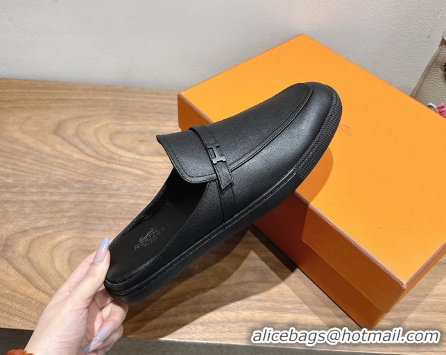 Good Quality Hermes Likely Flat Mules in Grained Calfskin with Mini H Buckle All Black 2025 H252805