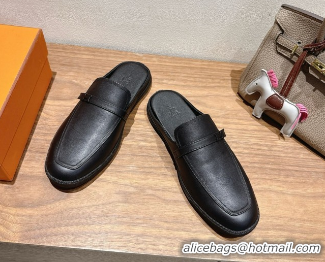 Good Quality Hermes Likely Flat Mules in Grained Calfskin with Mini H Buckle All Black 2025 H252805