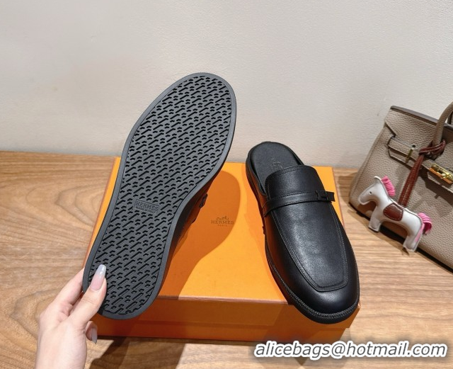 Good Quality Hermes Likely Flat Mules in Grained Calfskin with Mini H Buckle All Black 2025 H252805