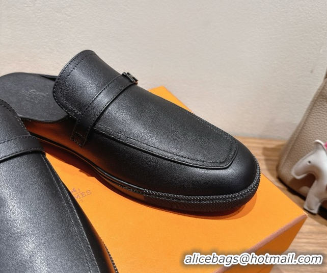 Good Quality Hermes Likely Flat Mules in Grained Calfskin with Mini H Buckle All Black 2025 H252805