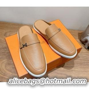 Purchase Hermes Likely Flat Mules in Grained Calfskin with Mini H Buckle Dark Beige 2025 H252805