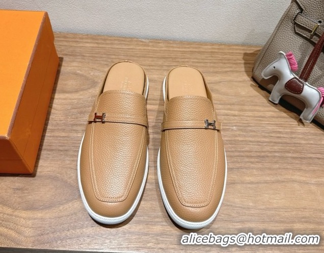 Purchase Hermes Likely Flat Mules in Grained Calfskin with Mini H Buckle Dark Beige 2025 H252805