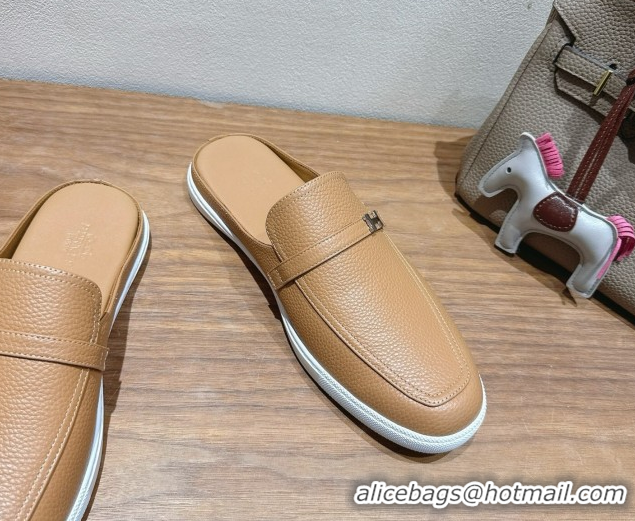Purchase Hermes Likely Flat Mules in Grained Calfskin with Mini H Buckle Dark Beige 2025 H252805