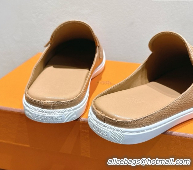 Purchase Hermes Likely Flat Mules in Grained Calfskin with Mini H Buckle Dark Beige 2025 H252805