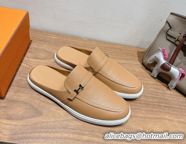 Purchase Hermes Likely Flat Mules in Grained Calfskin with Mini H Buckle Dark Beige 2025 H252805