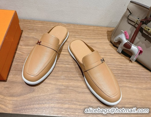 Purchase Hermes Likely Flat Mules in Grained Calfskin with Mini H Buckle Dark Beige 2025 H252805