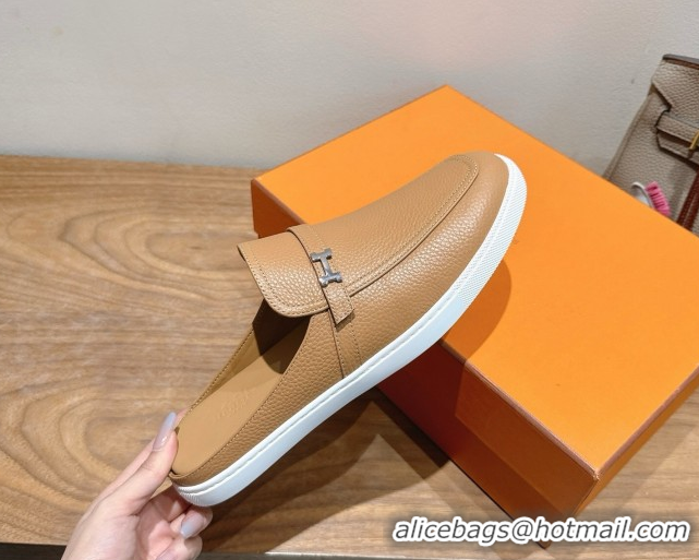 Purchase Hermes Likely Flat Mules in Grained Calfskin with Mini H Buckle Dark Beige 2025 H252805