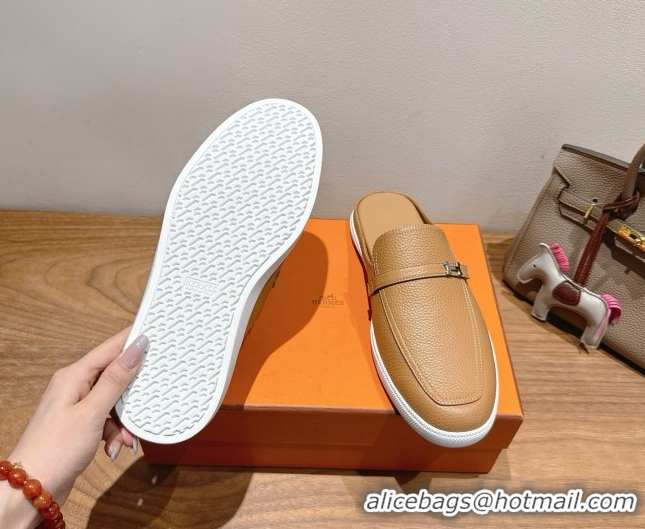 Purchase Hermes Likely Flat Mules in Grained Calfskin with Mini H Buckle Dark Beige 2025 H252805