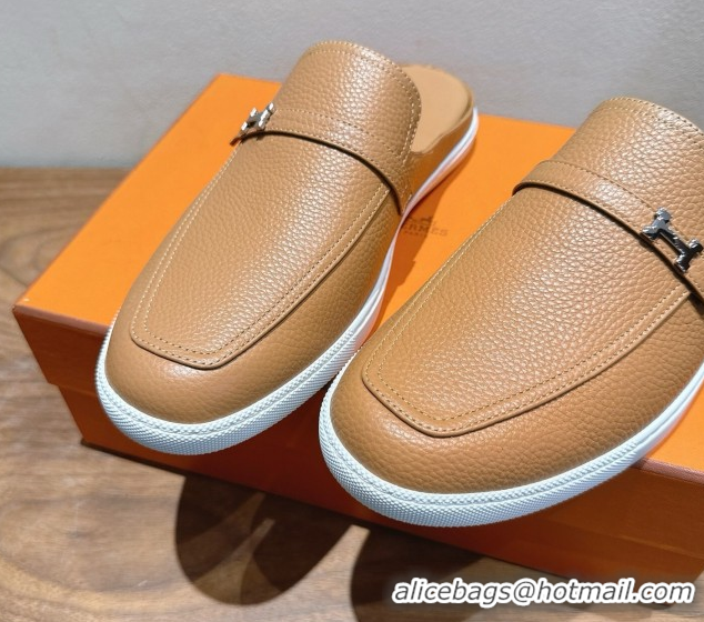 Purchase Hermes Likely Flat Mules in Grained Calfskin with Mini H Buckle Dark Beige 2025 H252805