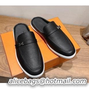 Best Grade Hermes Likely Flat Mules in Grained Calfskin with Mini H Buckle Black Upper 2025 H252805