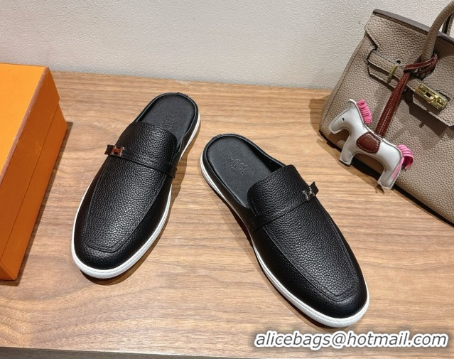 Best Grade Hermes Likely Flat Mules in Grained Calfskin with Mini H Buckle Black Upper 2025 H252805
