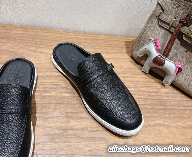 Best Grade Hermes Likely Flat Mules in Grained Calfskin with Mini H Buckle Black Upper 2025 H252805