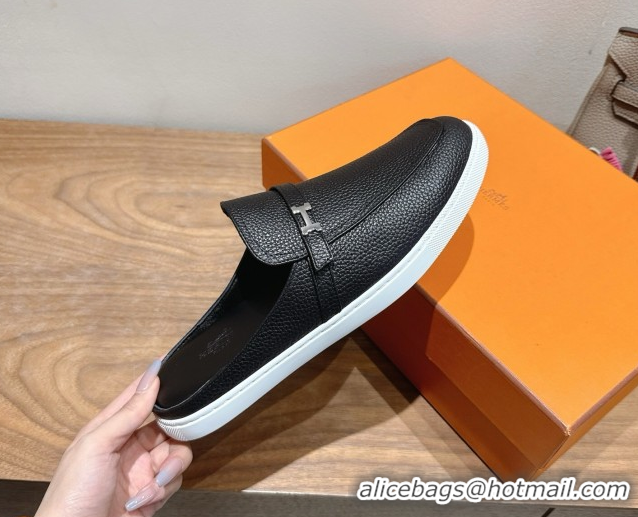 Best Grade Hermes Likely Flat Mules in Grained Calfskin with Mini H Buckle Black Upper 2025 H252805