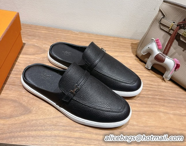 Best Grade Hermes Likely Flat Mules in Grained Calfskin with Mini H Buckle Black Upper 2025 H252805